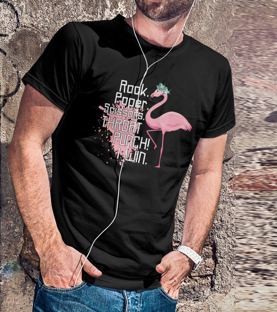 Rock Paper Scissors Throat Punch I Win Flamingo With Pink And Blue Accents T-Shirt