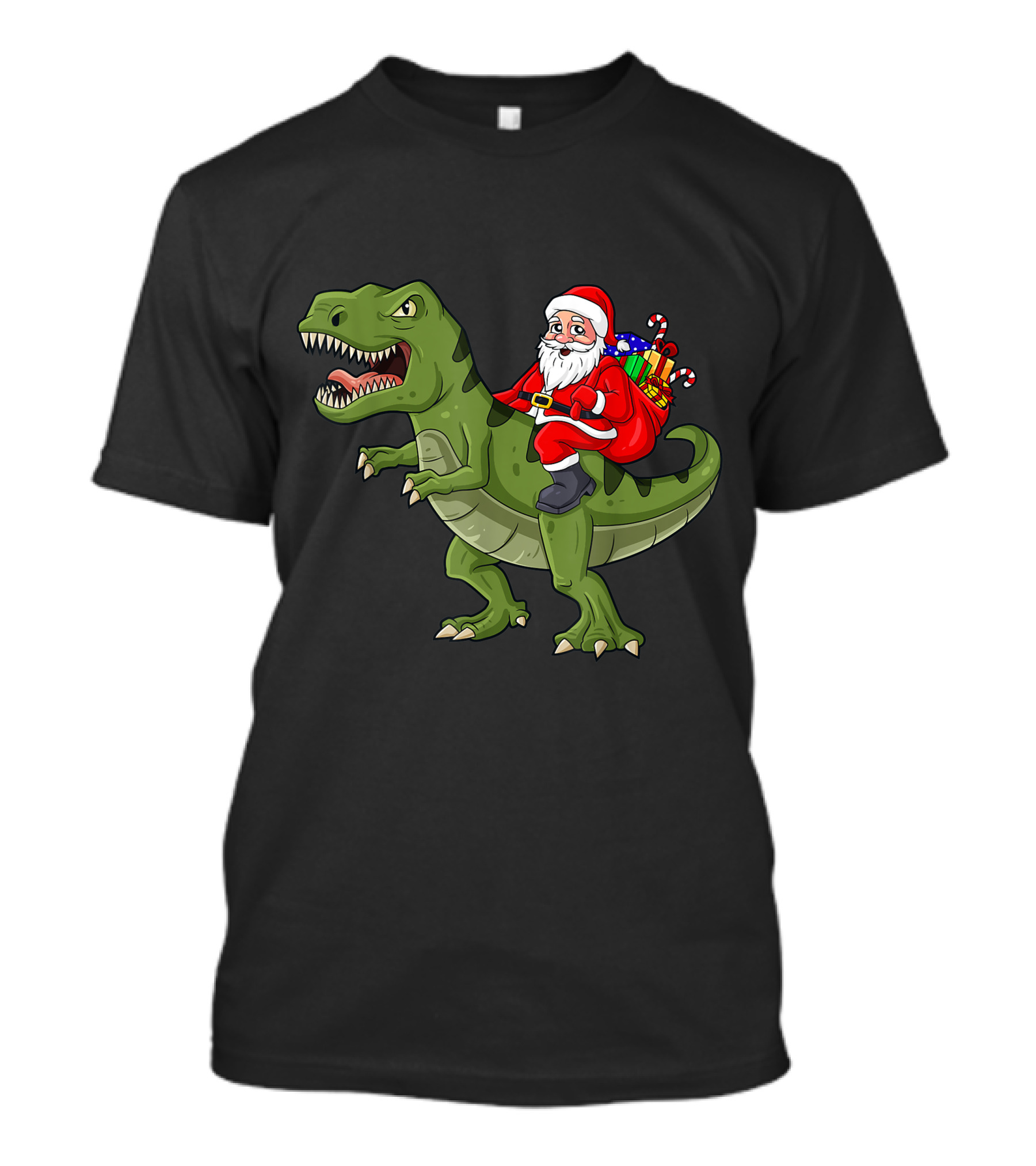 Santa Claus Riding Rex With Gifts On Dinosaur T-Shirt