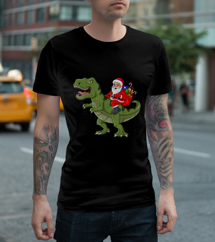 Santa Claus Riding Rex With Gifts On Dinosaur T-Shirt