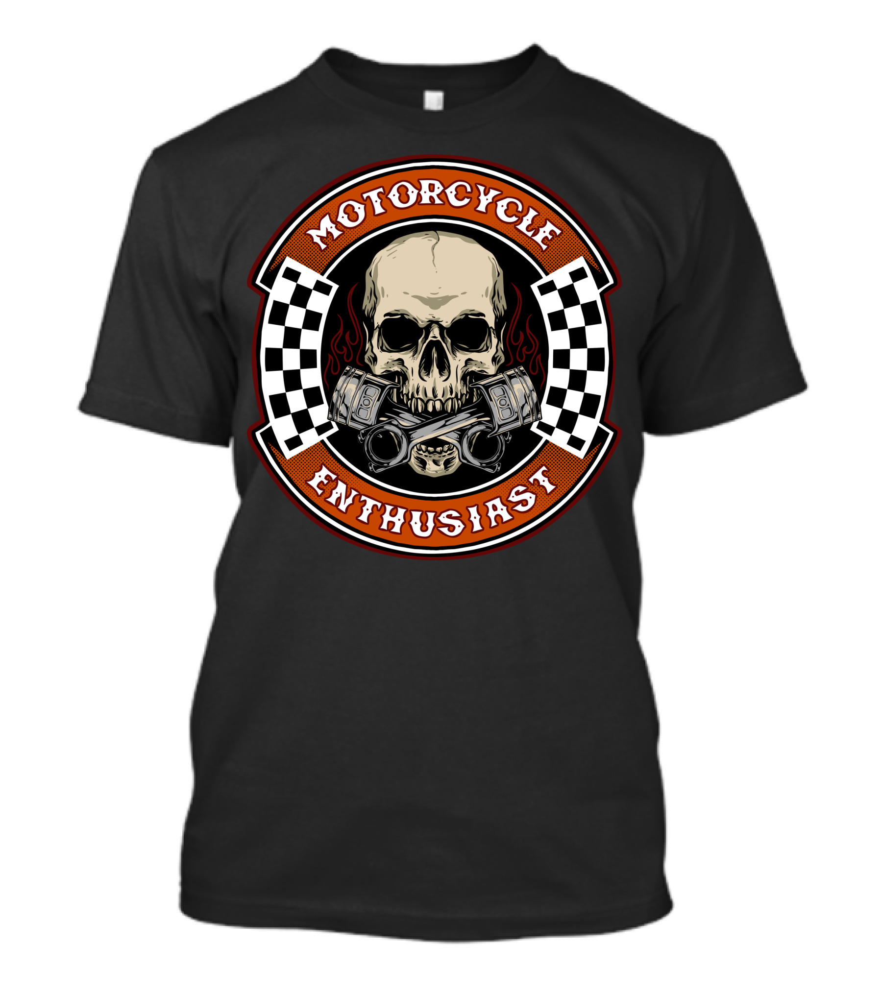 Motorcycle Enthusiast Skull Biker With Piston Checkerboard Flames T-Shirt
