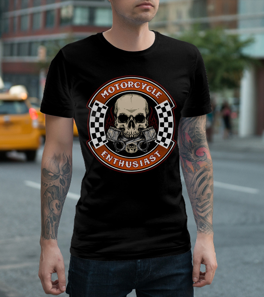 Motorcycle Enthusiast Skull Biker With Piston Checkerboard Flames T-Shirt