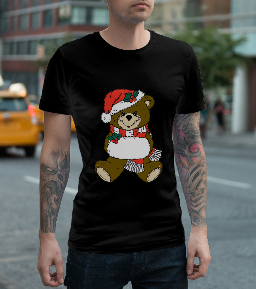Christmas Teddy Bear Santa Hat Scarf T-Shirt