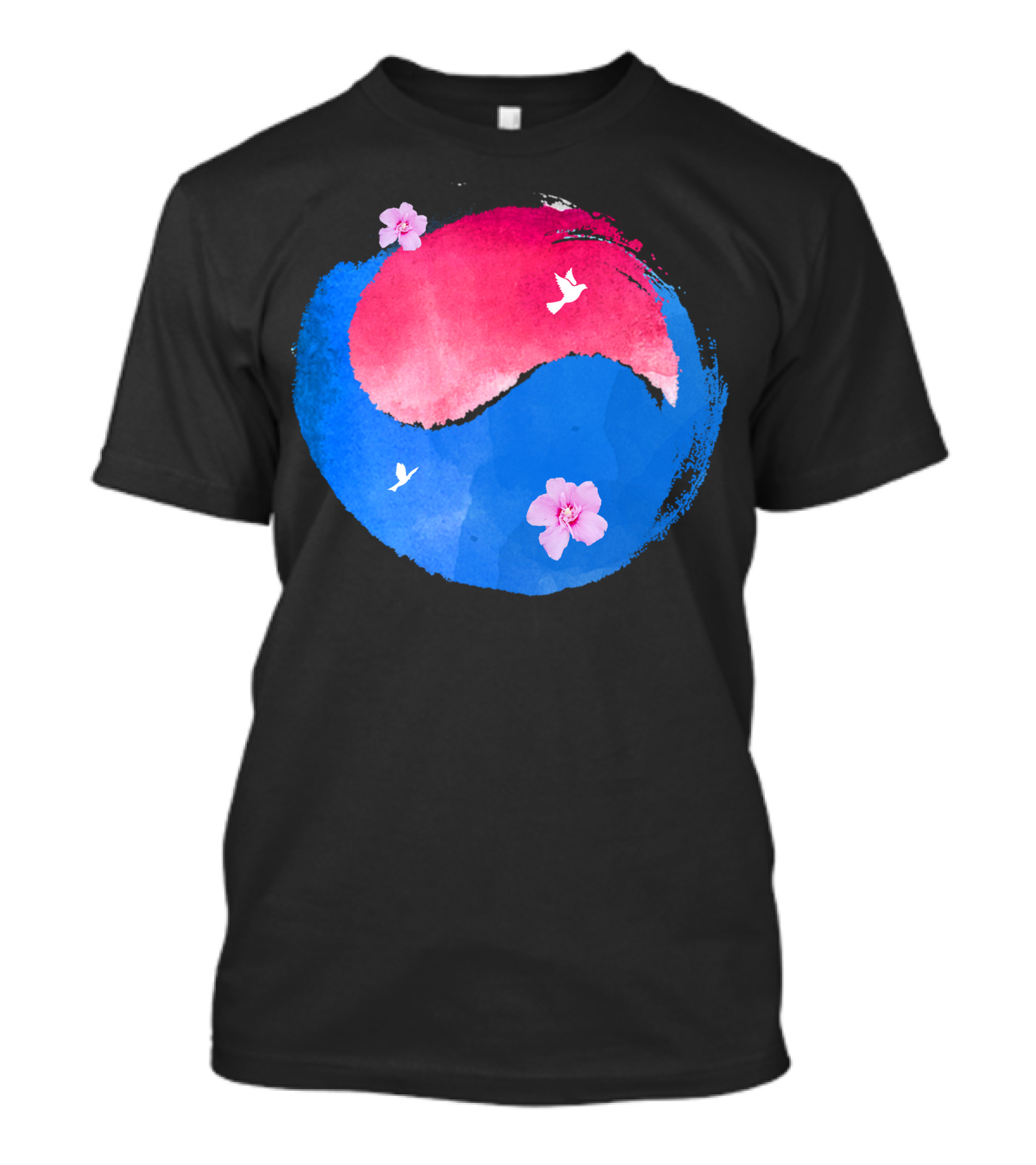 Watercolor Taiji Korean Flag Cherry Blossoms And Birds T-Shirt
