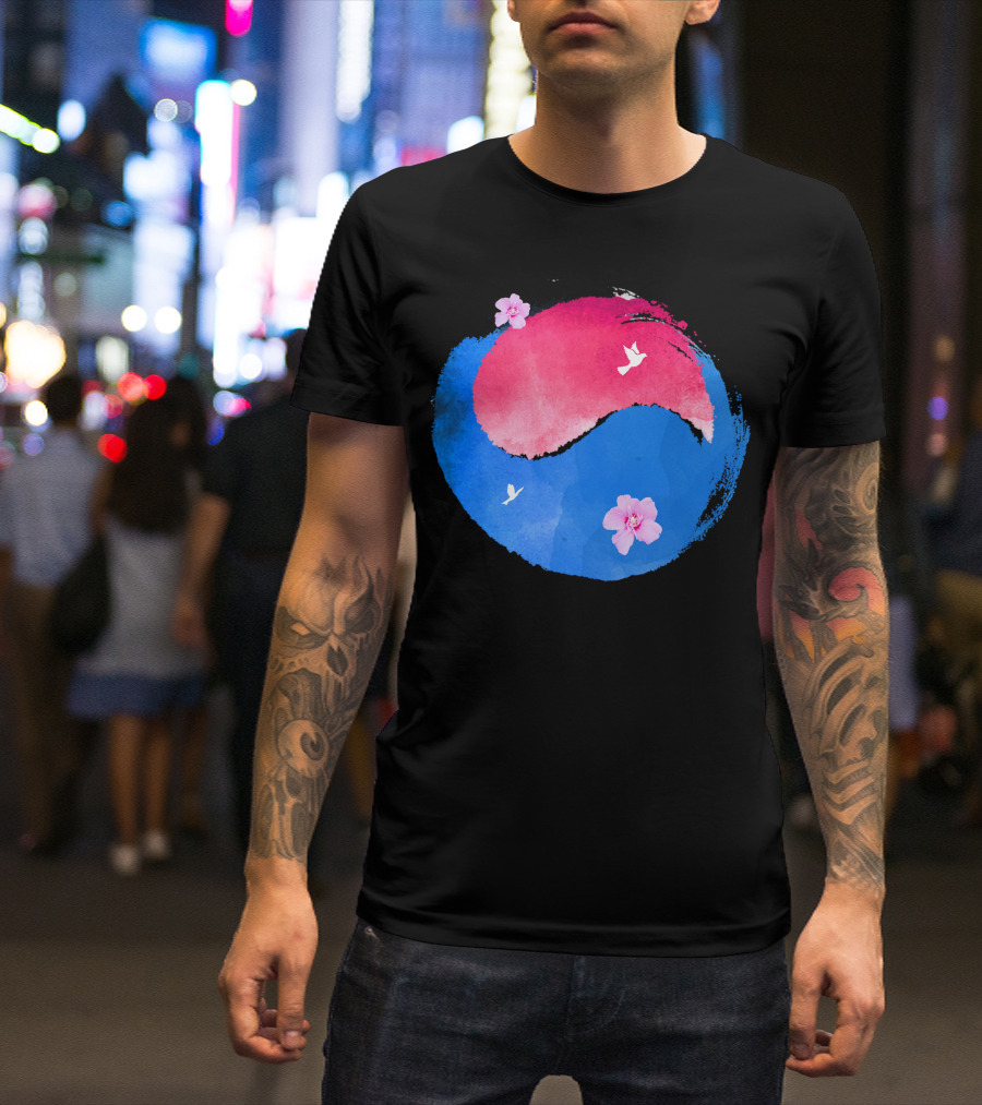 Watercolor Taiji Korean Flag Cherry Blossoms And Birds T-Shirt