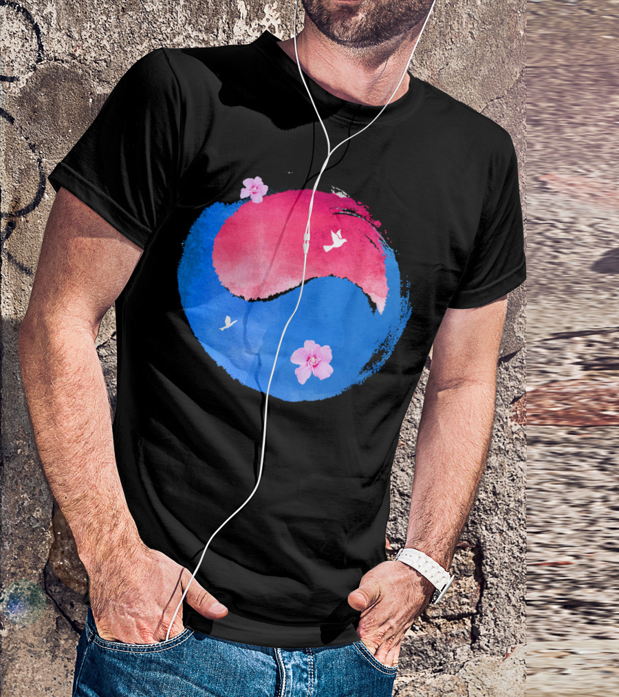 Watercolor Taiji Korean Flag Cherry Blossoms And Birds T-Shirt