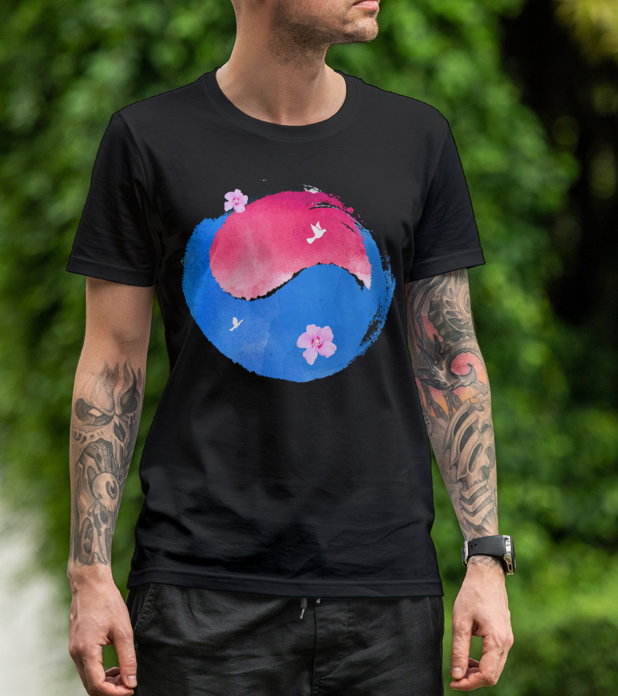 Watercolor Taiji Korean Flag Cherry Blossoms And Birds T-Shirt