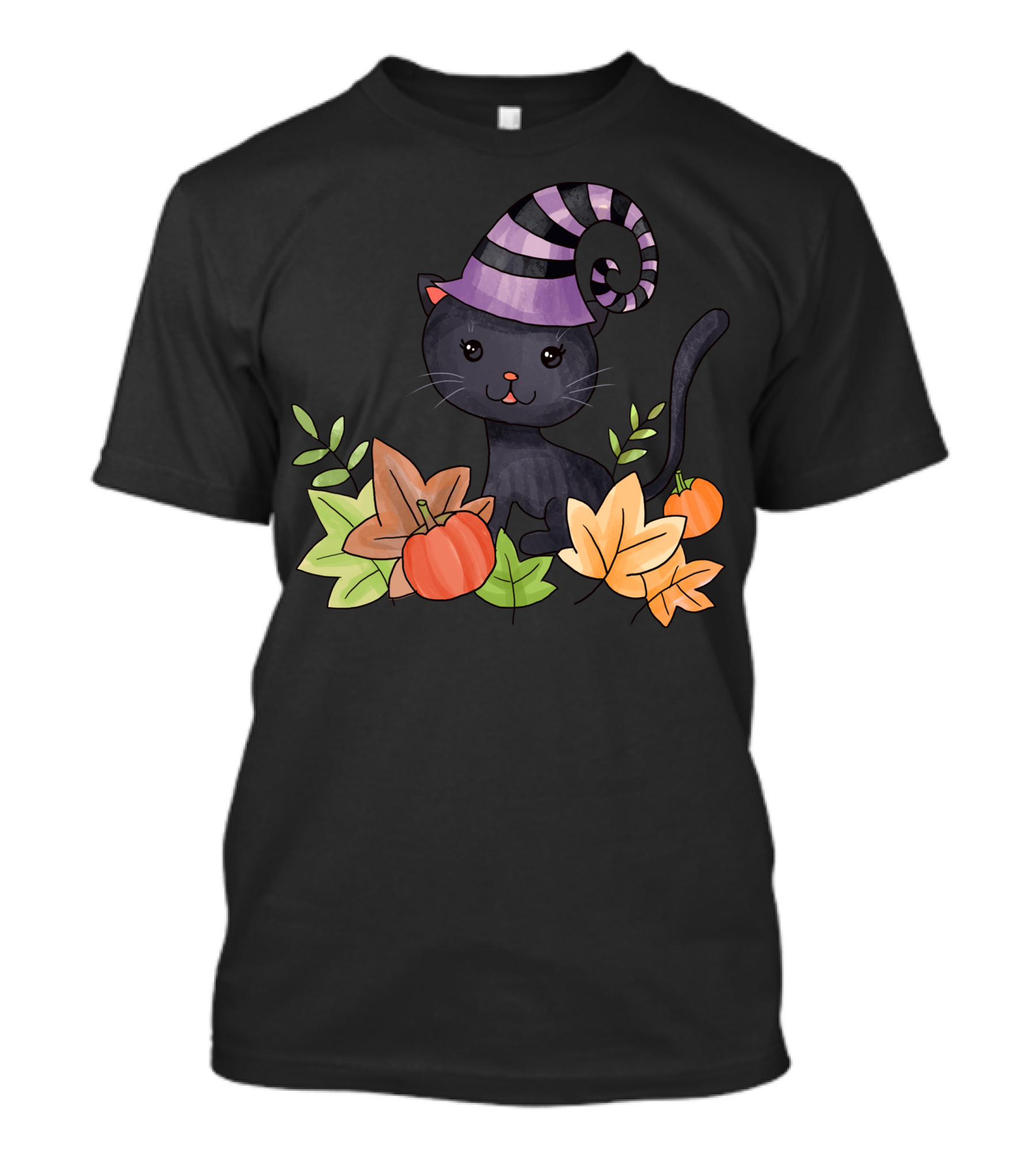 Western Halloween Cat Witch Hat Pumpkin Autumn Leaves T-Shirt