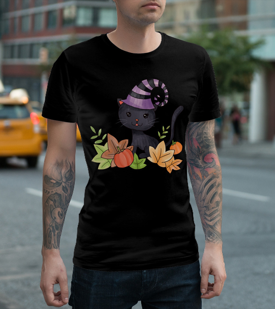 Western Halloween Cat Witch Hat Pumpkin Autumn Leaves T-Shirt
