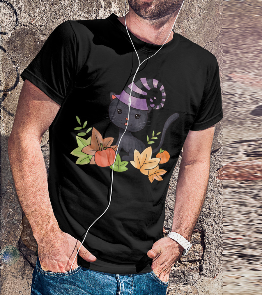 Western Halloween Cat Witch Hat Pumpkin Autumn Leaves T-Shirt