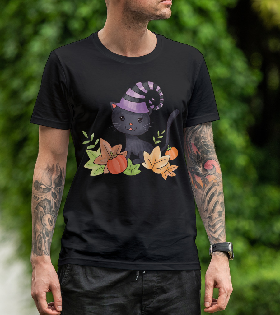 Western Halloween Cat Witch Hat Pumpkin Autumn Leaves T-Shirt