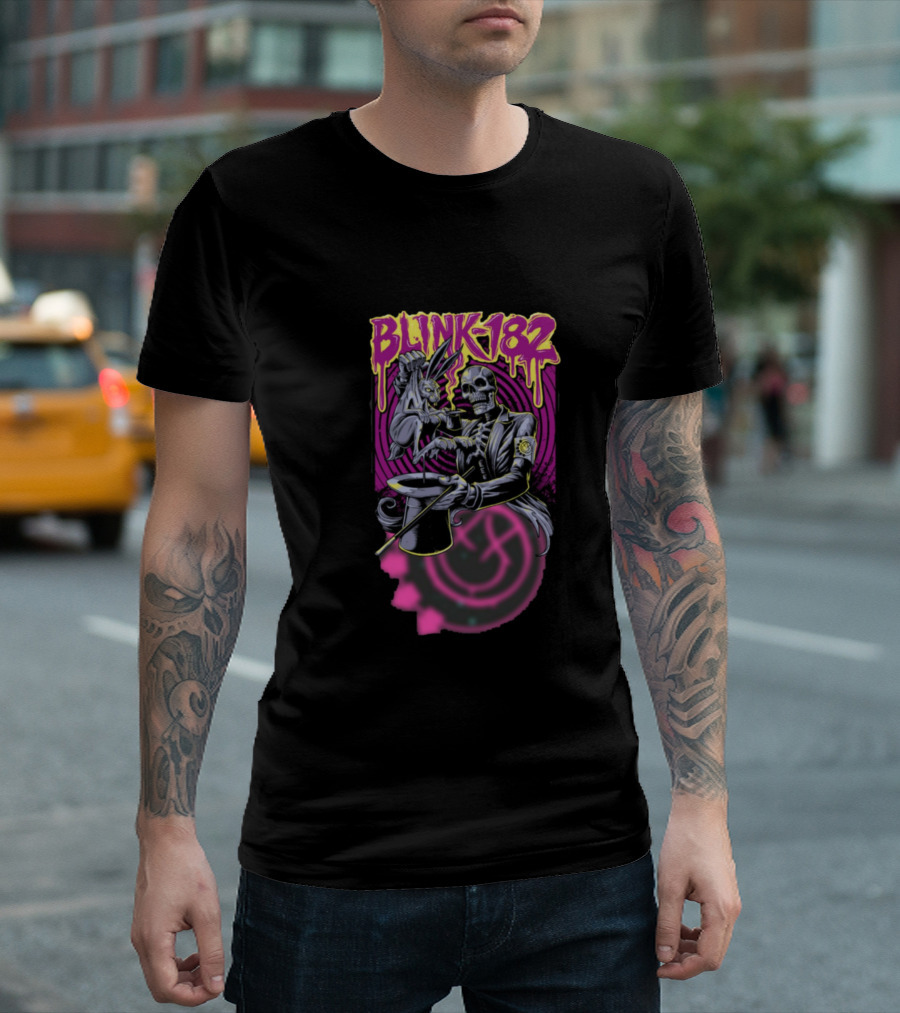 BLINK182 Skeleton Magician Rabbit Dripping Lettering Pink Spiral T-Shirt