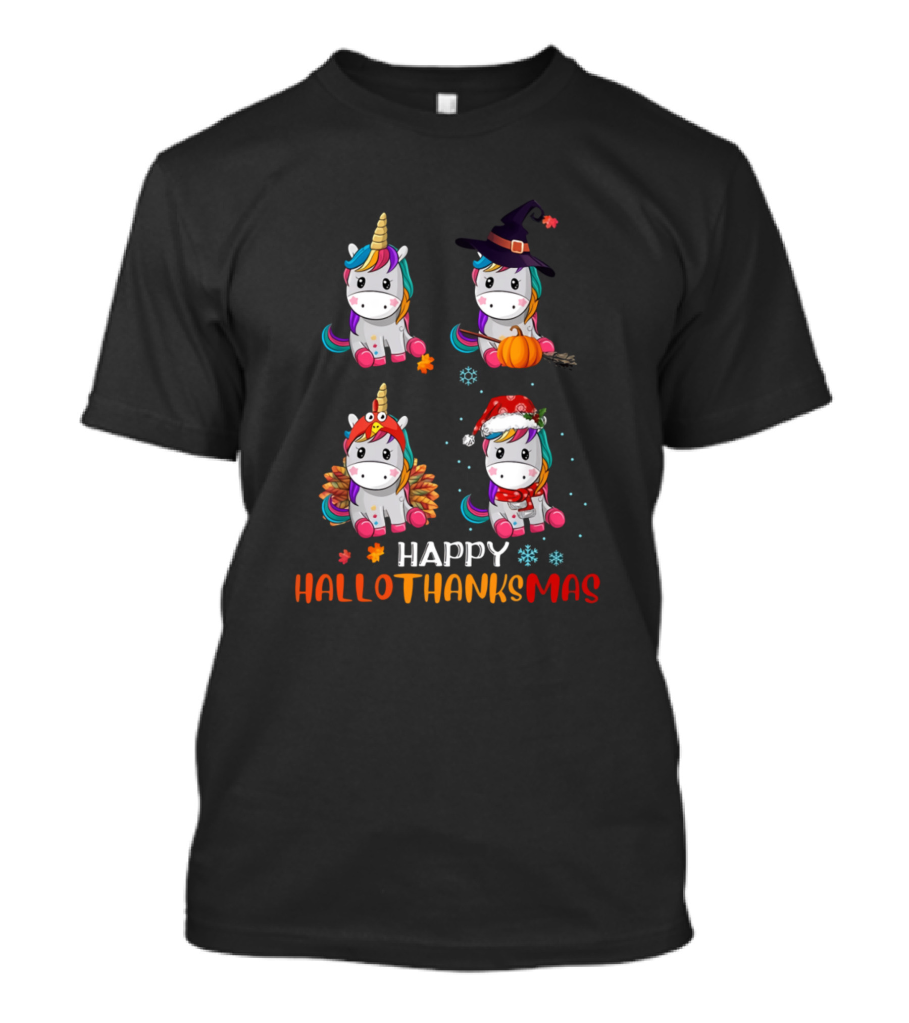 Happy Hallothanksmas Unicorn Trio With Witch Hat And Santa Hat T-Shirt