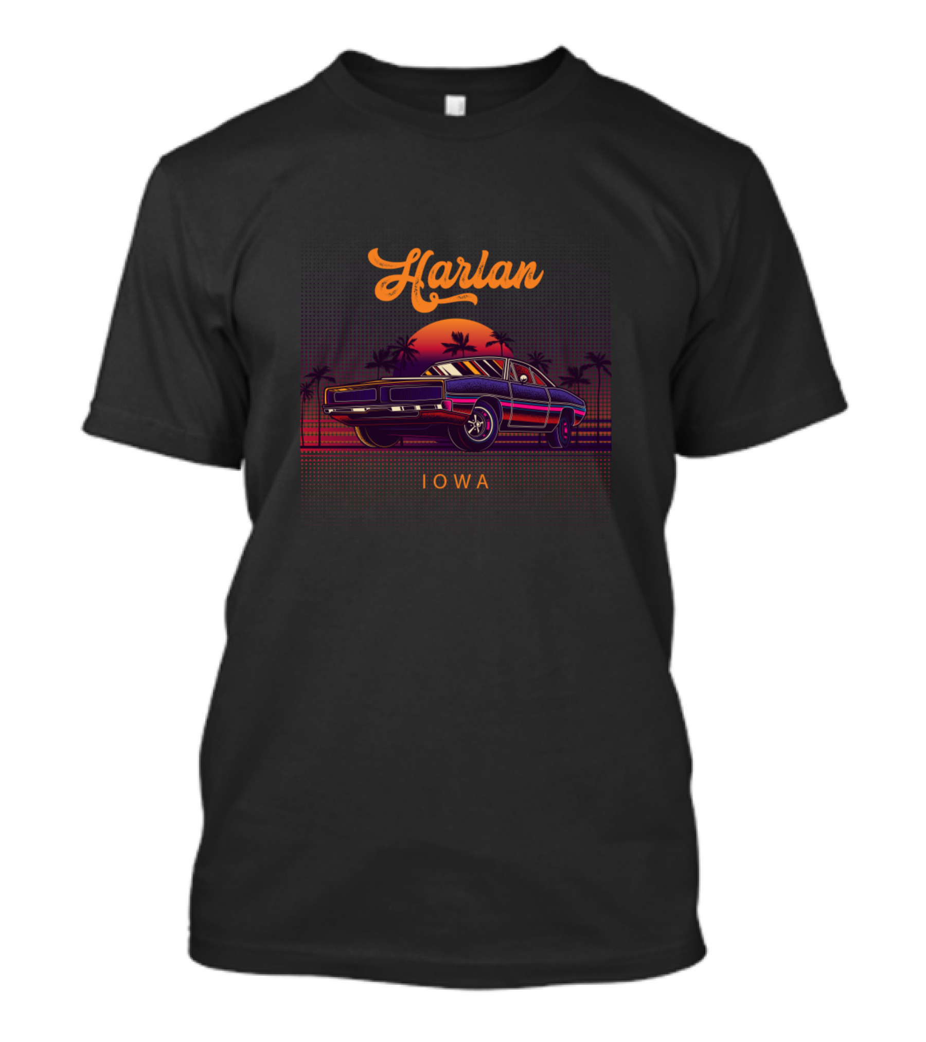 Harlan Iowa Vintage Muscle Cars Retro Sunset Palms T-Shirt