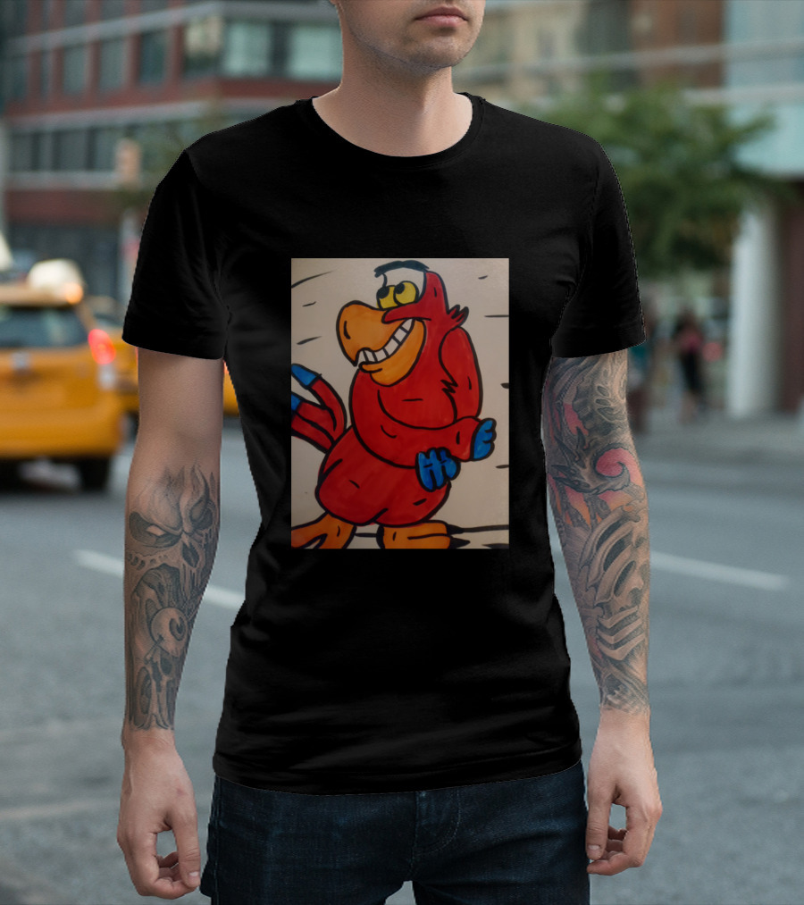 Iago Red Parrot Cartoon Character with Blue Gloves and Yellow Beak T-Shirt