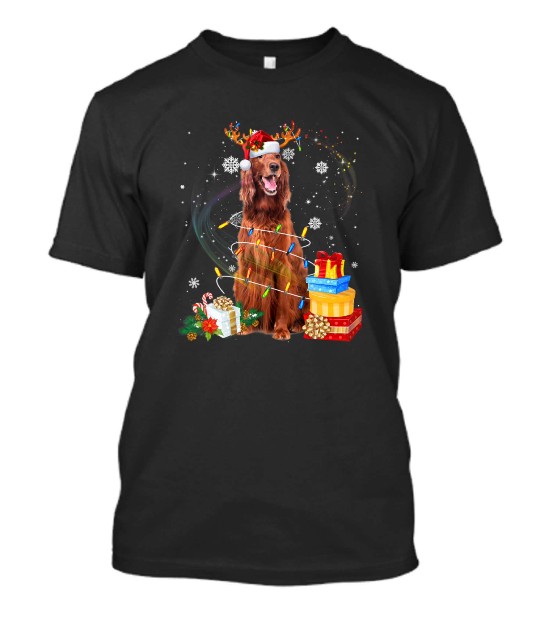 Irish Setter With Santa Hat Reindeer Antlers Christmas Lights And Gifts T-Shirt