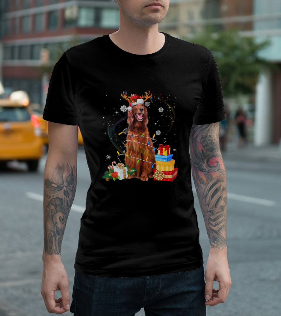 Irish Setter With Santa Hat Reindeer Antlers Christmas Lights And Gifts T-Shirt