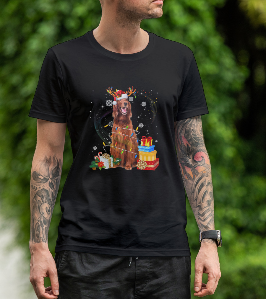 Irish Setter With Santa Hat Reindeer Antlers Christmas Lights And Gifts T-Shirt