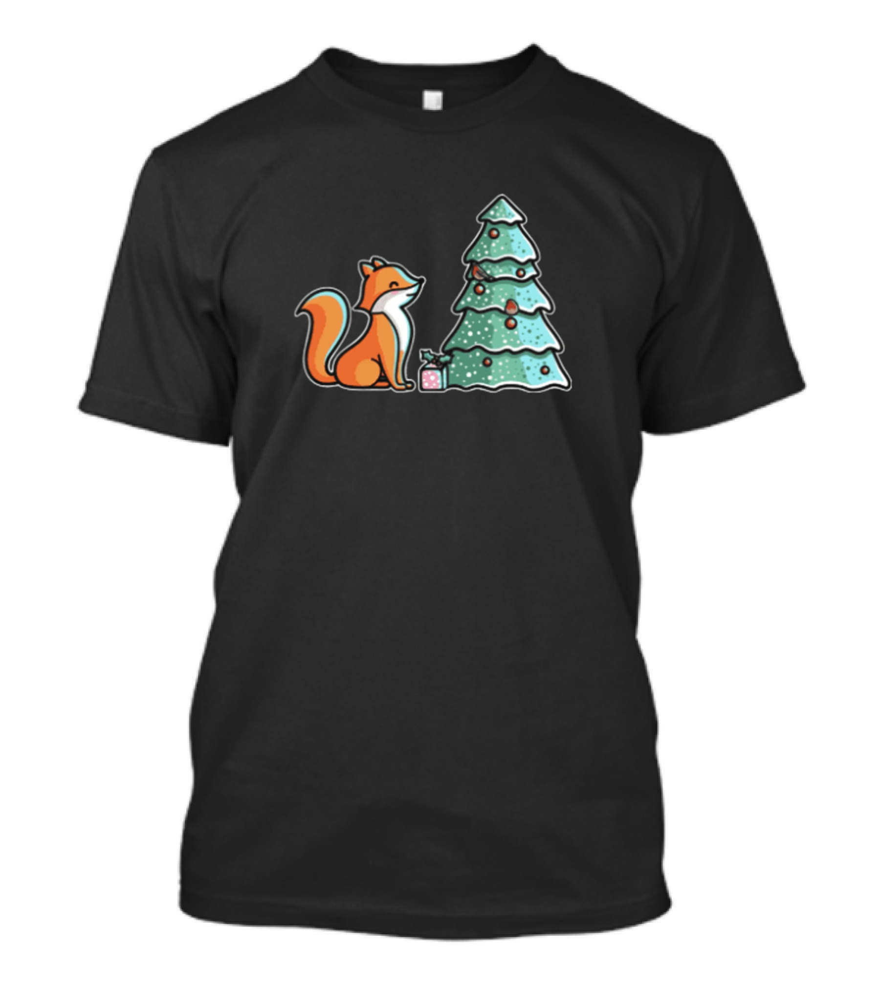 Kawaii Cute Fox With Christmas Tree And Gift T-Shirt