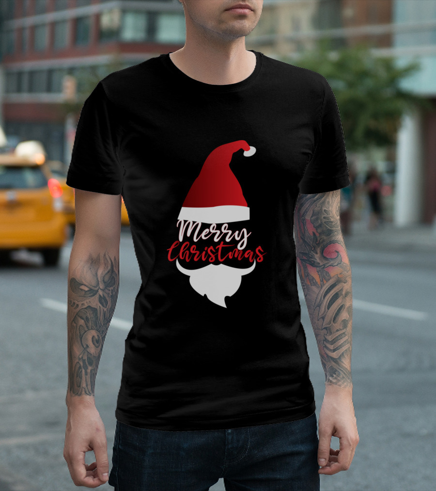 Merry Christmas Santa Hat Beard Typography T-Shirt