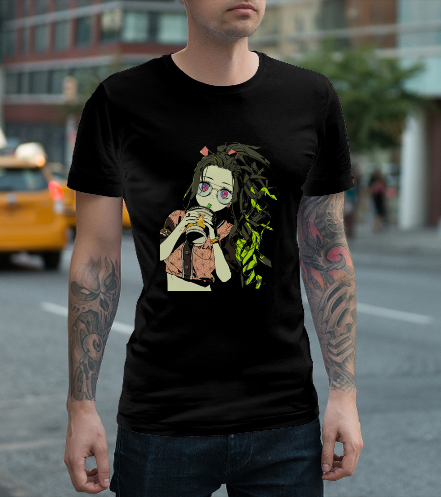 Anime Girl with Pink Eyes and Drink T-Shirt