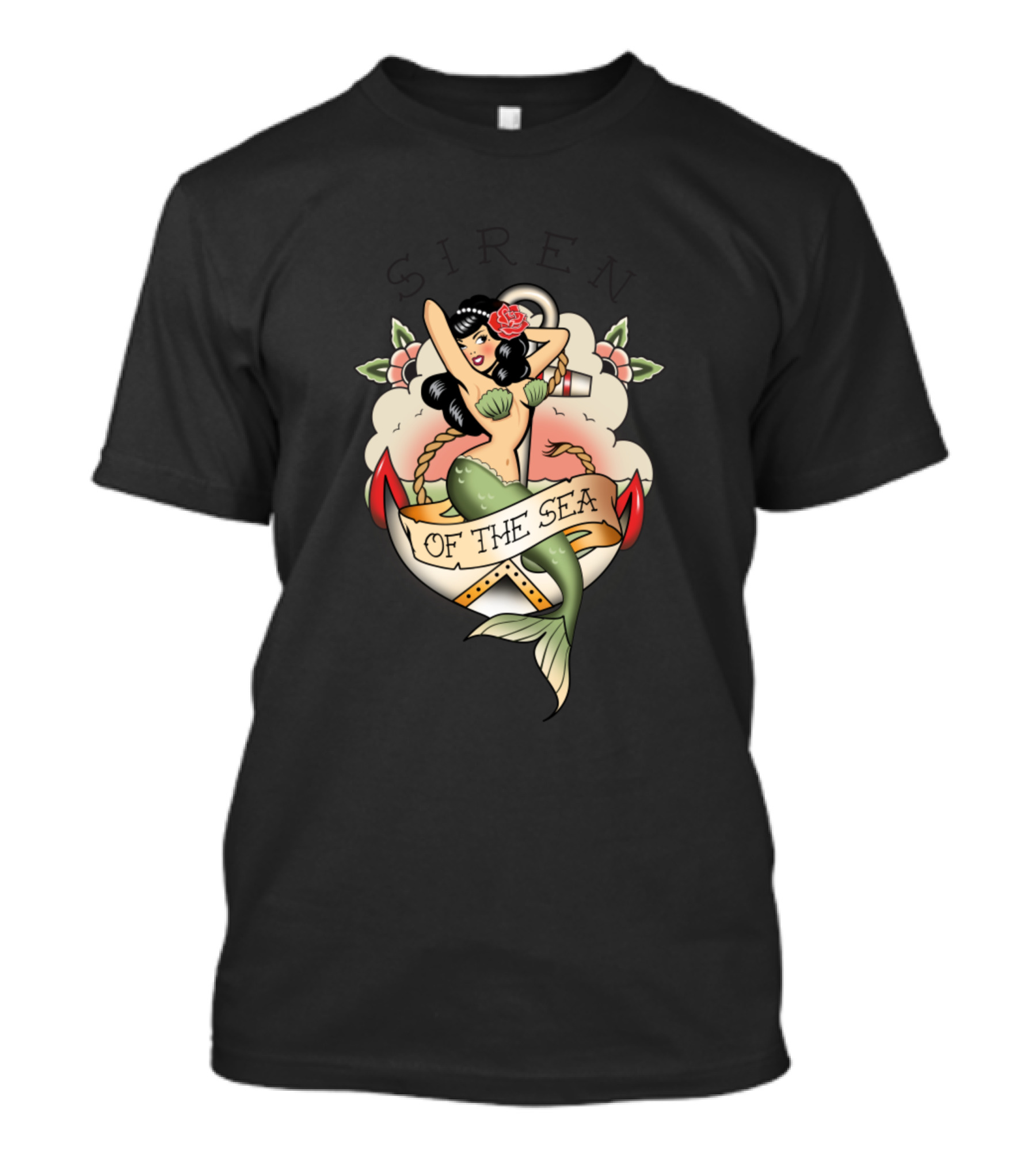 Siren Of The Sea Pin-Up Mermaid With Anchor And Roses T-Shirt