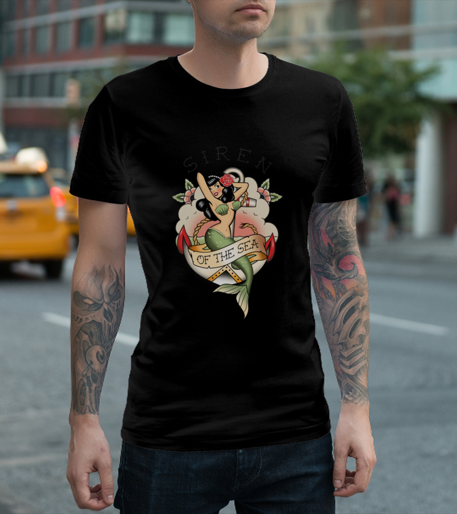 Siren Of The Sea Pin-Up Mermaid With Anchor And Roses T-Shirt