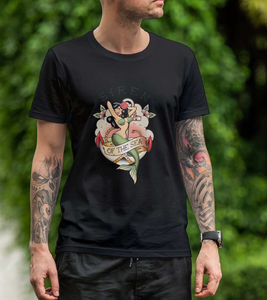Siren Of The Sea Pin-Up Mermaid With Anchor And Roses T-Shirt