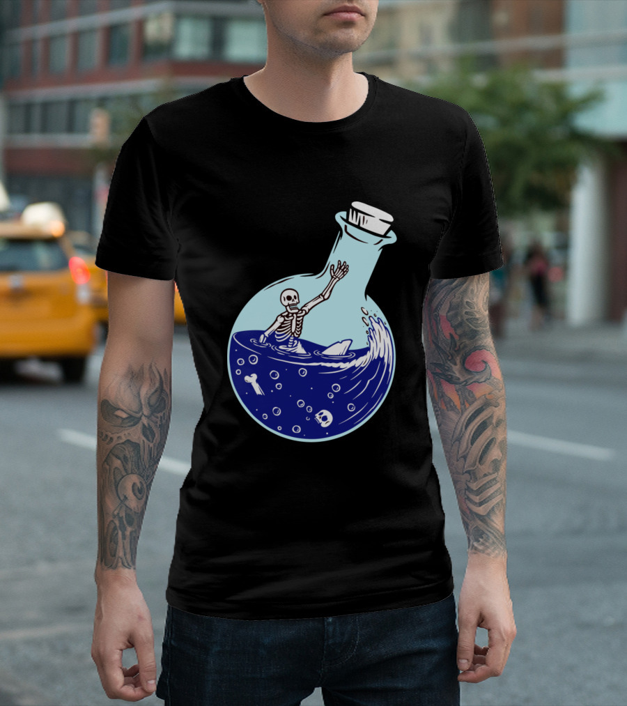 Skull Skeleton in Potion Bottle with Shark Fin and Bones T-Shirt