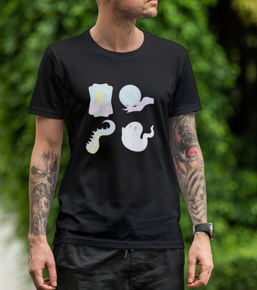 Spooky Pastel Tarot Moon Ghost And Magic Hand With Serpent Tail T-Shirt