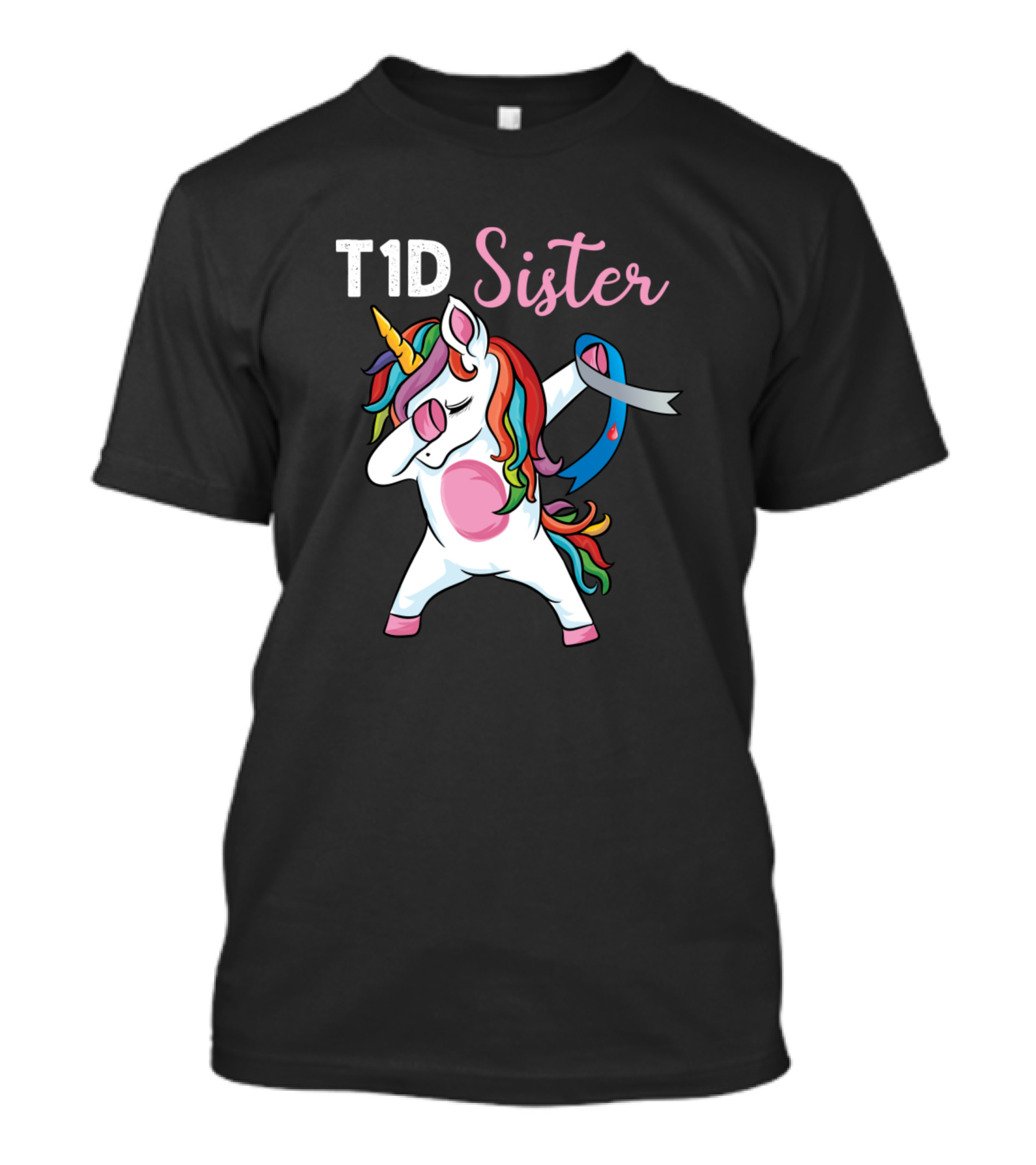 T1D Sister Unicorn Dabbing Rainbow Ribbon Type 1 Diabetes T-Shirt