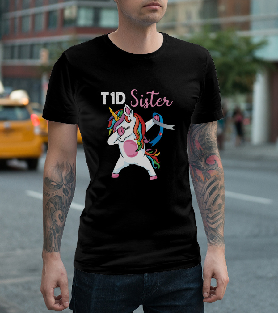 T1D Sister Unicorn Dabbing Rainbow Ribbon Type 1 Diabetes T-Shirt