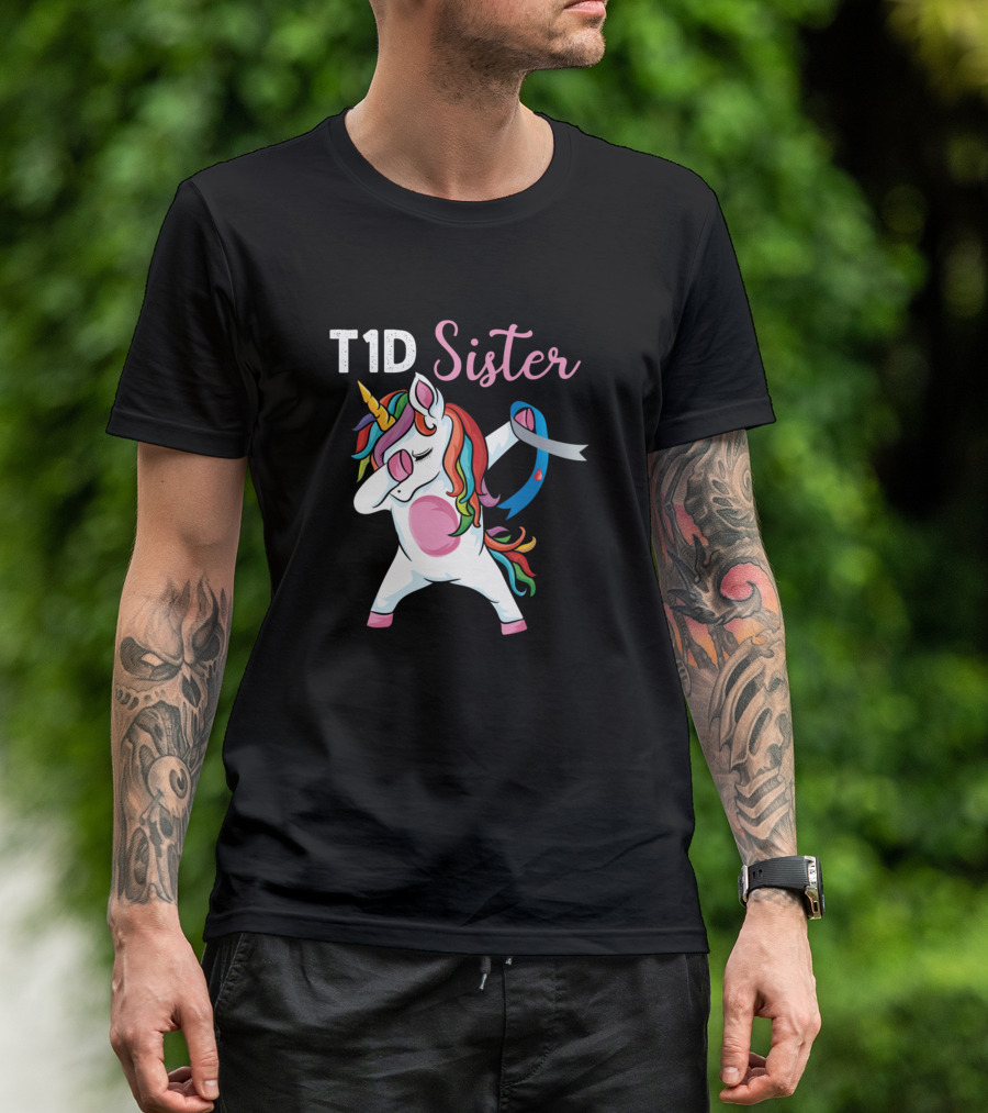T1D Sister Unicorn Dabbing Rainbow Ribbon Type 1 Diabetes T-Shirt