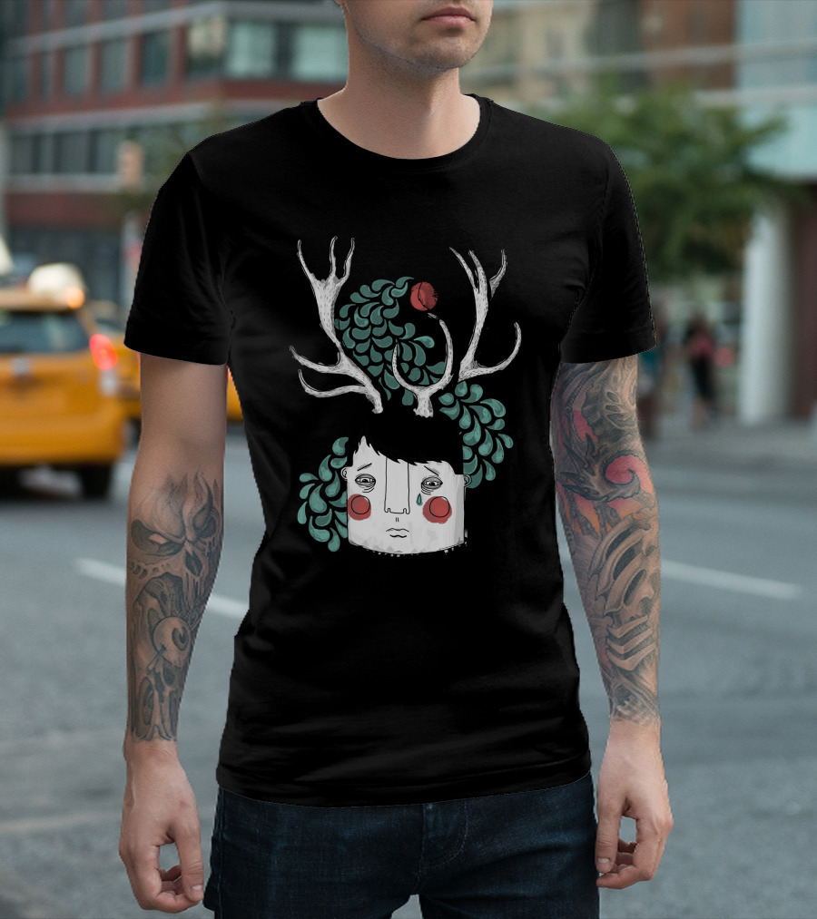 A Little Birdie Told Me Surreal Antlered Figure with Bird T-Shirt