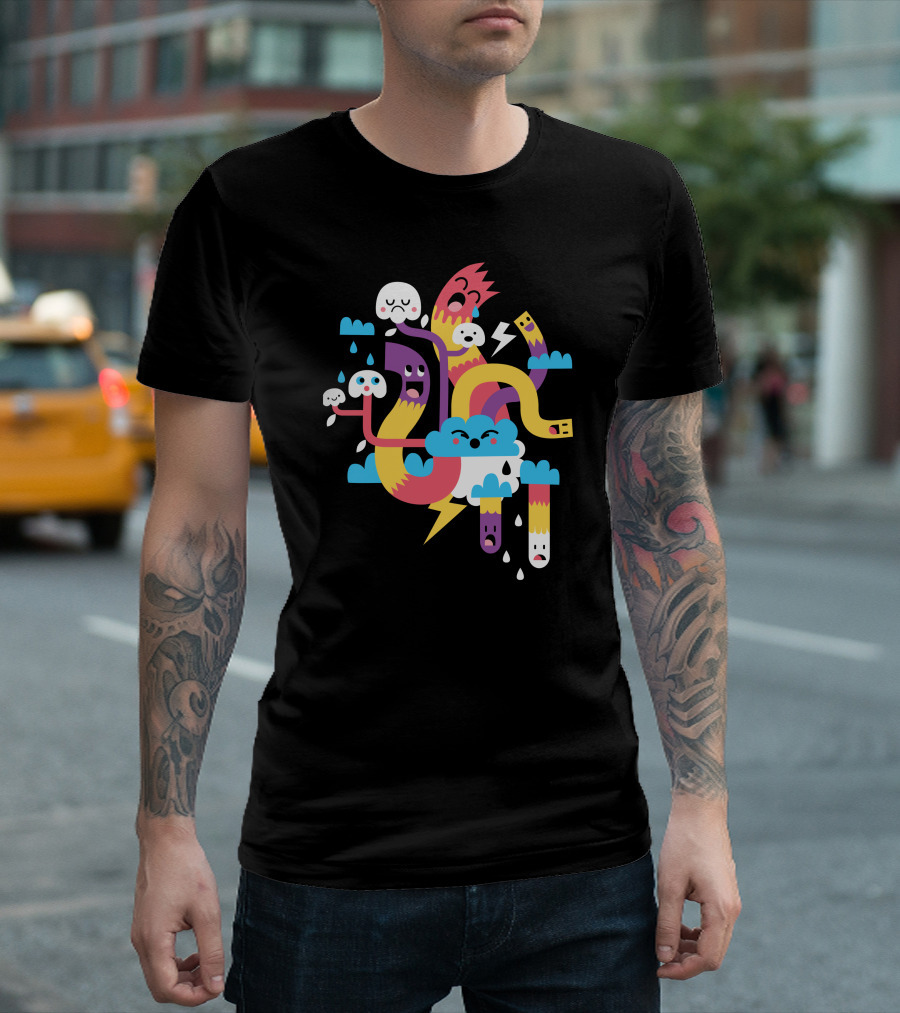 Bad Weather Colorful Cartoon Storm with Clouds and Lightning T-Shirt