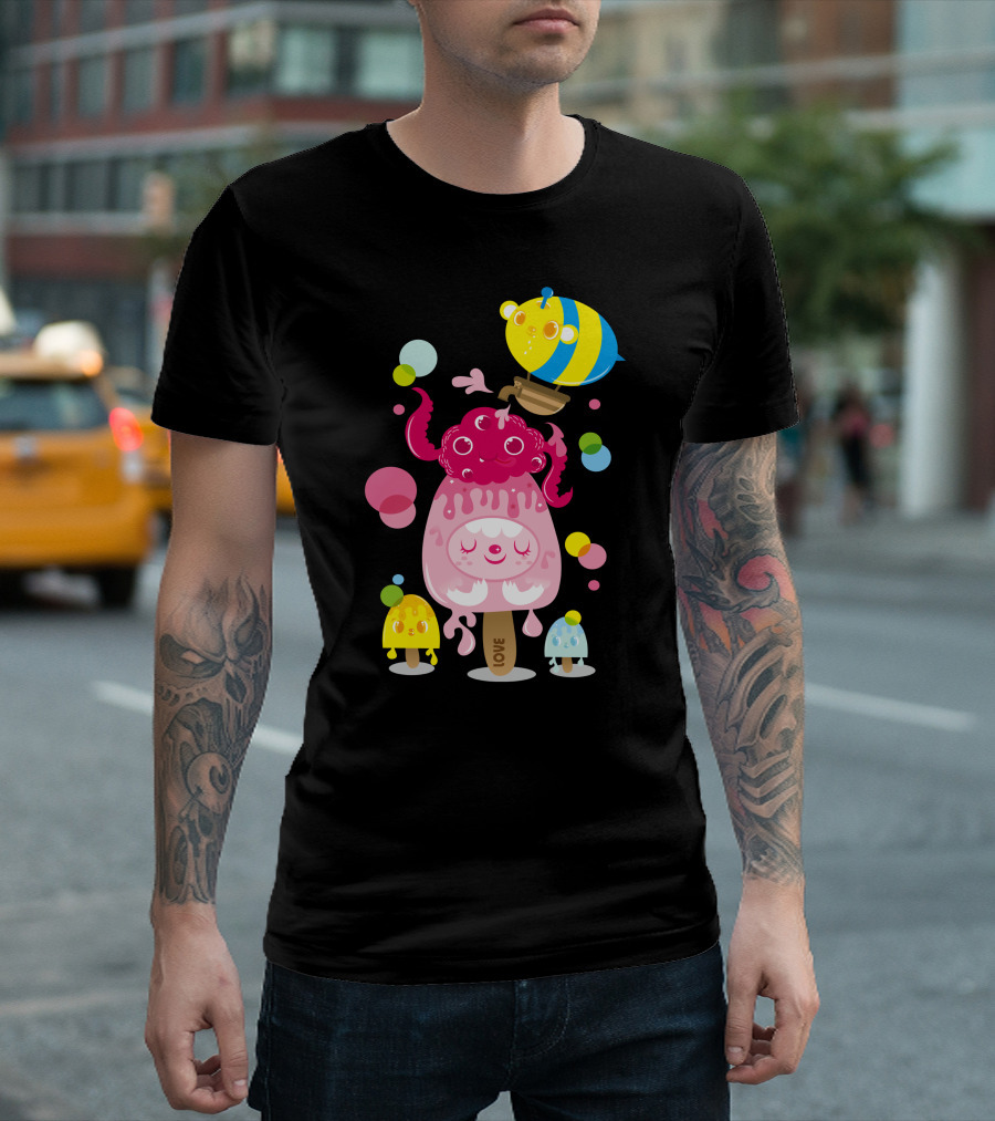 Bubblecream Love Monster And Colorful Friends With Happy Bee And Balloons T-Shirt