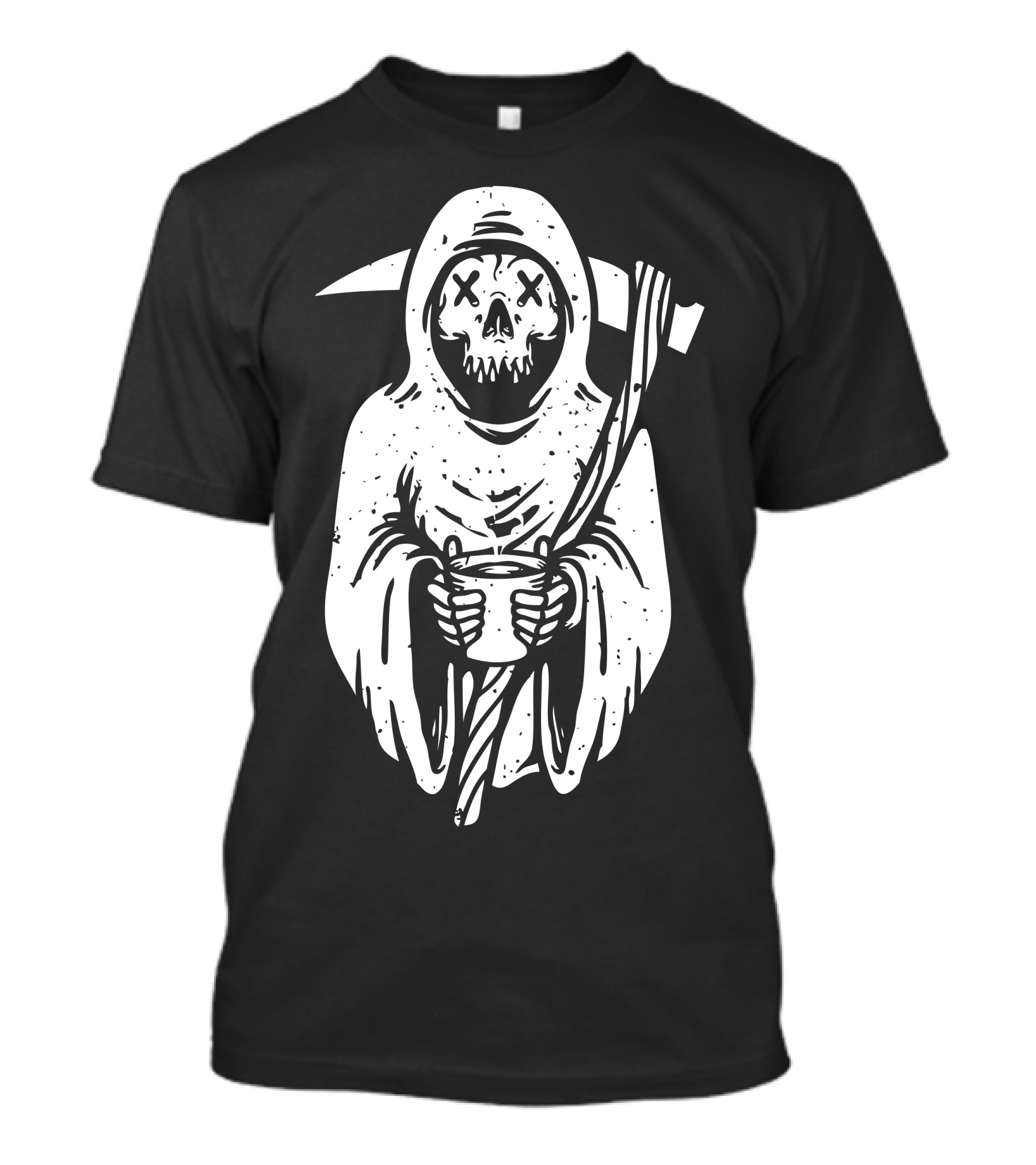 Grim Reaper With Coffee Cup Skeleton Hooded Figure T-Shirt