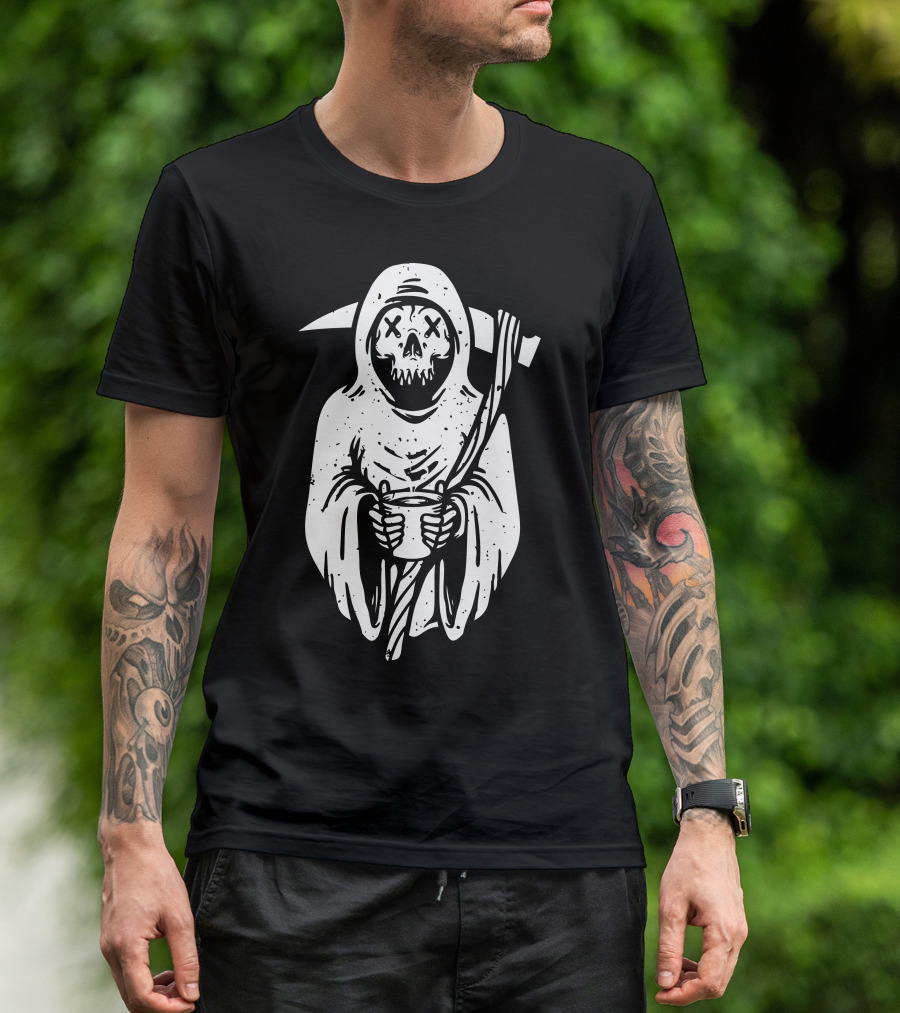 Grim Reaper With Coffee Cup Skeleton Hooded Figure T-Shirt
