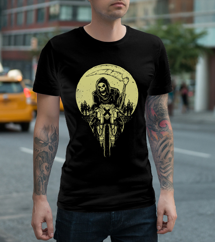 Reaper on Motorcycle Under Moonlit Night T-Shirt