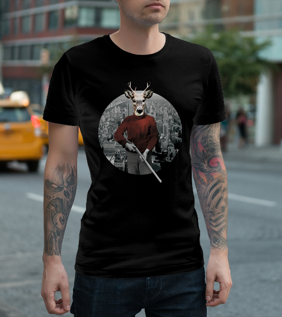 Hunter Hunted Deer-Headed Figure with Rifle Overlooking City Skyline T-Shirt