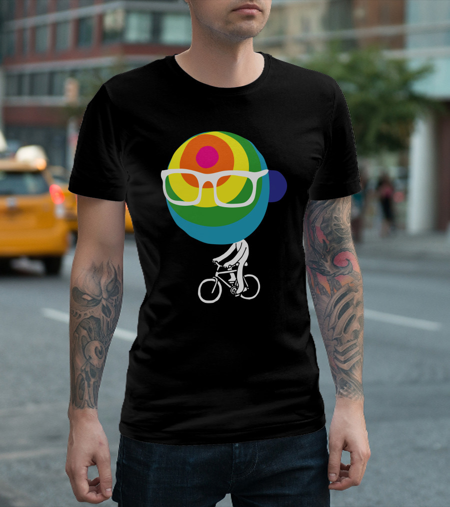 Rainbow Bike Rider with Colorful Helmet and Glasses T-Shirt