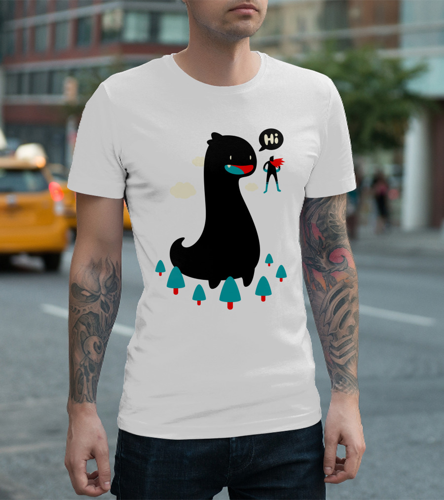 Giant Friendly Dinosaur with Superhero Greeting in Forest Scene T-Shirt