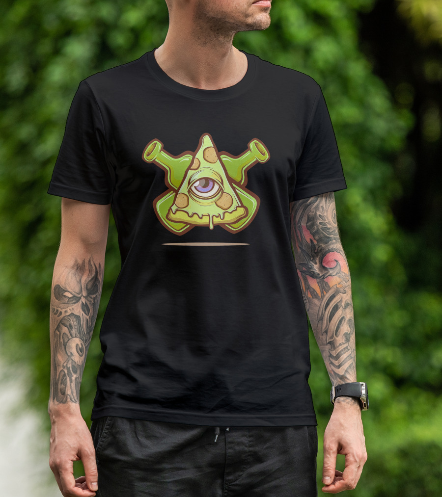 Santa Pizza Llena Eres De Grasa Illuminati Eye Slice Crossed Bottles T-Shirt