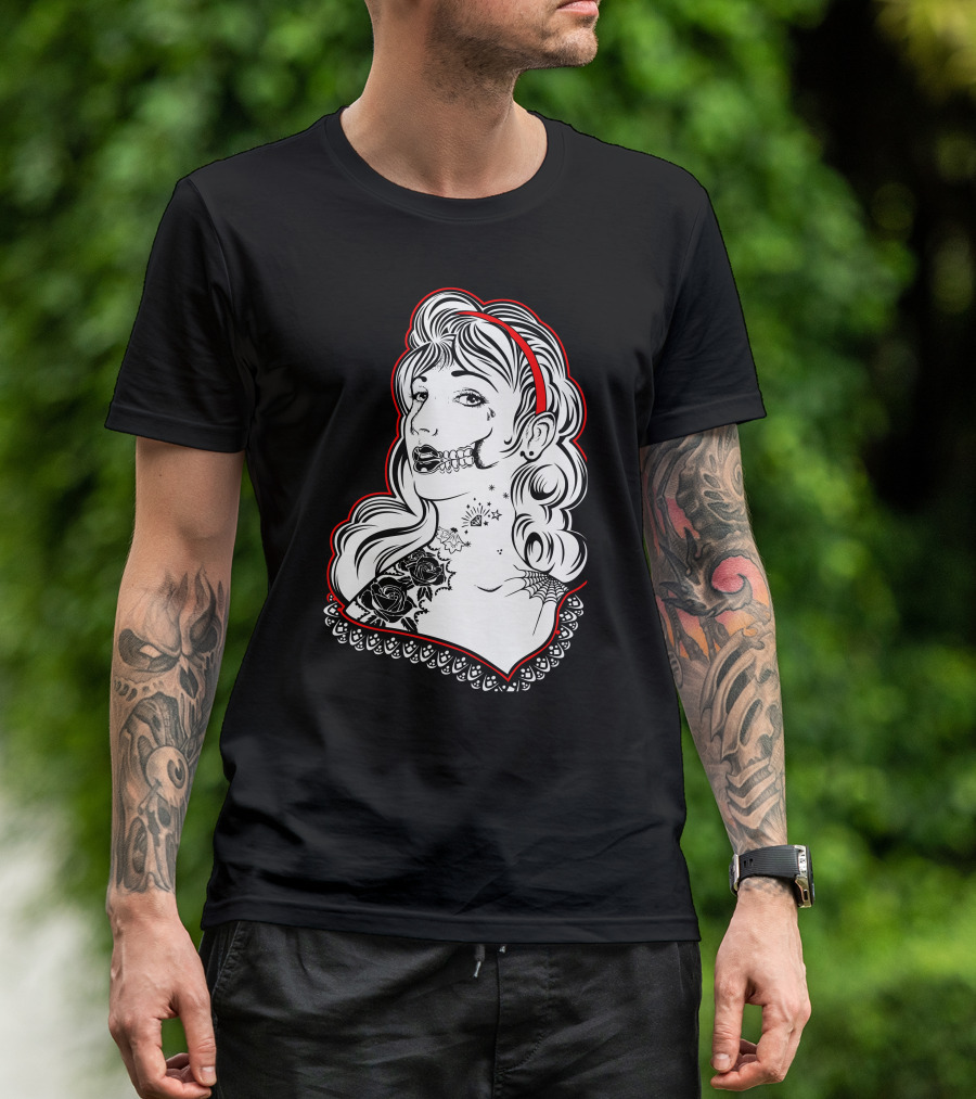 Sugar Skull Woman With Roses And Web Tattoo White T-Shirt
