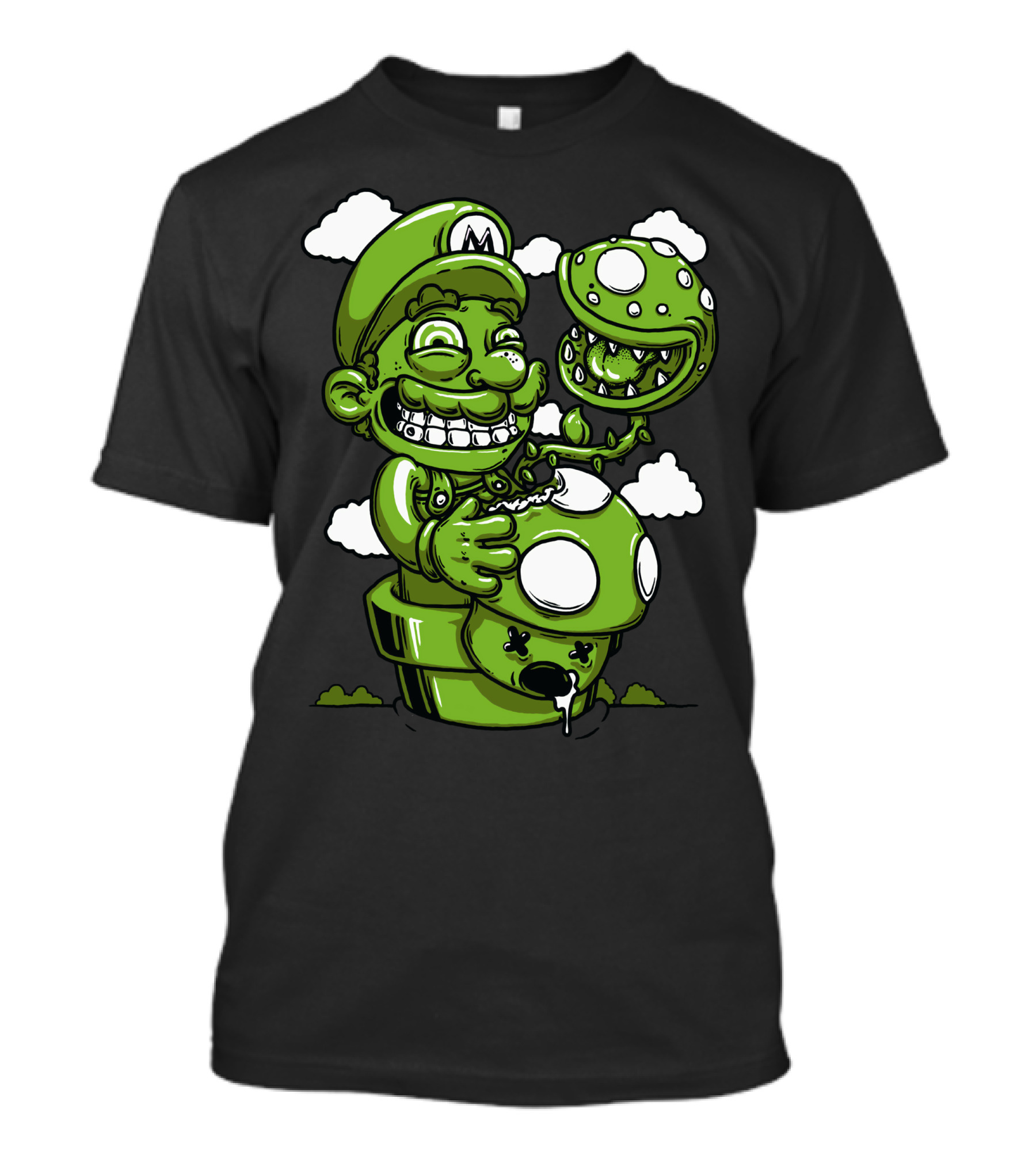Super Mario Shrooms Green Cartoon Characters With Mushrooms And Smiling Faces T-Shirt