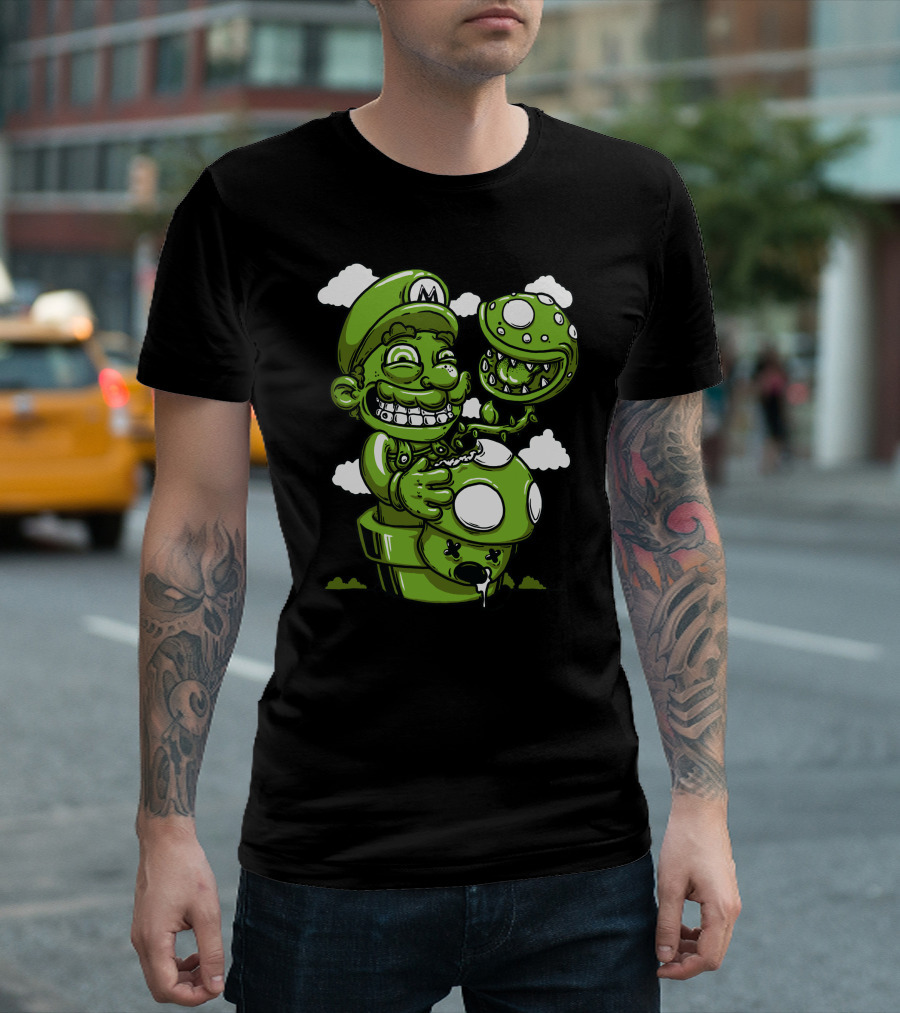 Super Mario Shrooms Green Cartoon Characters With Mushrooms And Smiling Faces T-Shirt