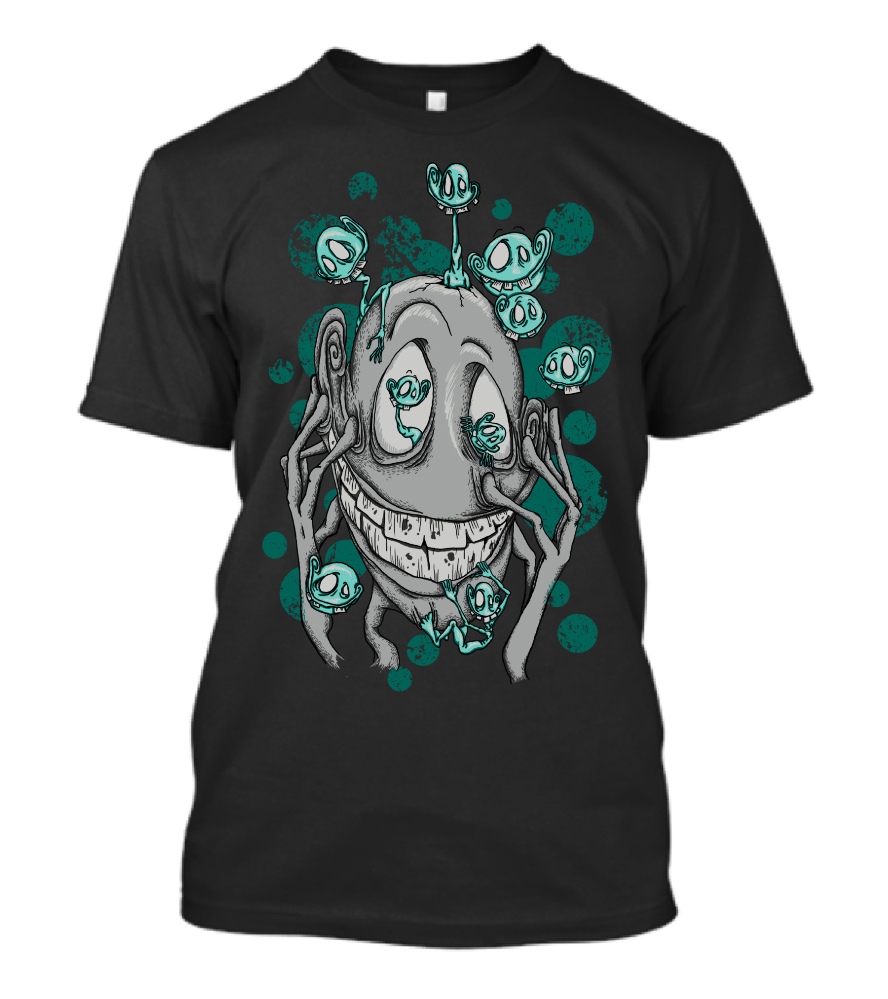 The Madness With Teal Cartoon Creatures On Smiling Face T-Shirt