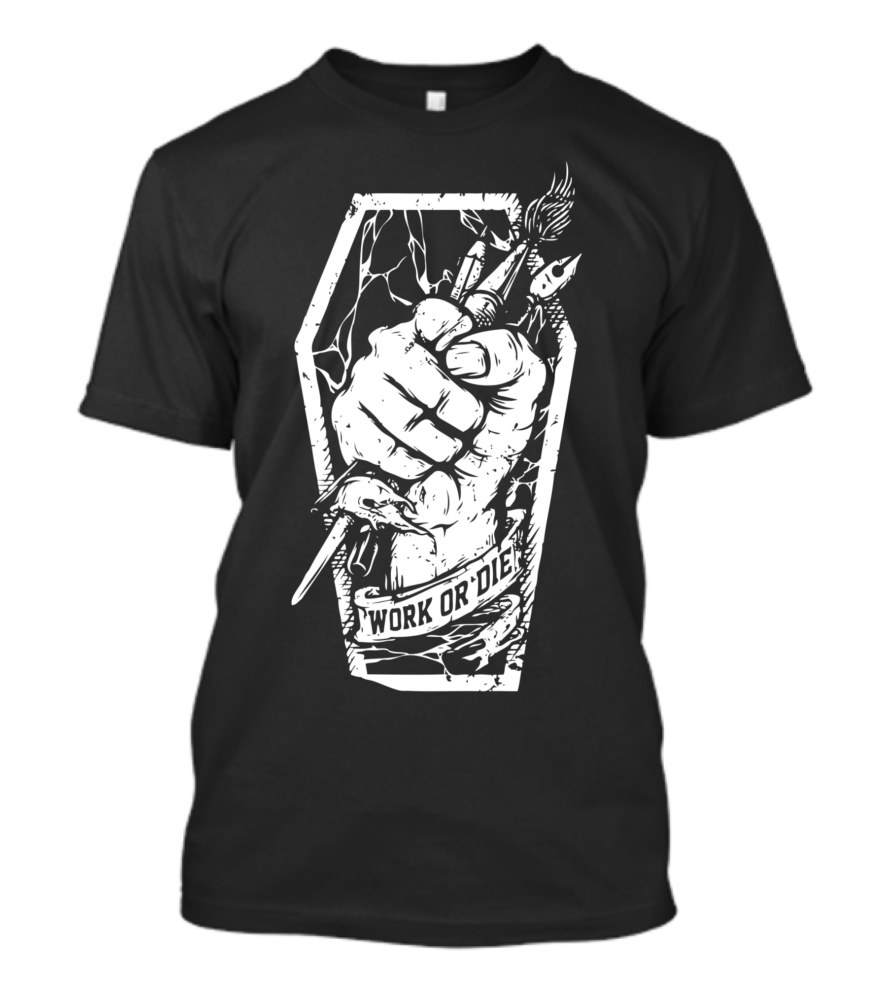 Work Or Die Fist Holding Art Brushes Inside Coffin T-Shirt