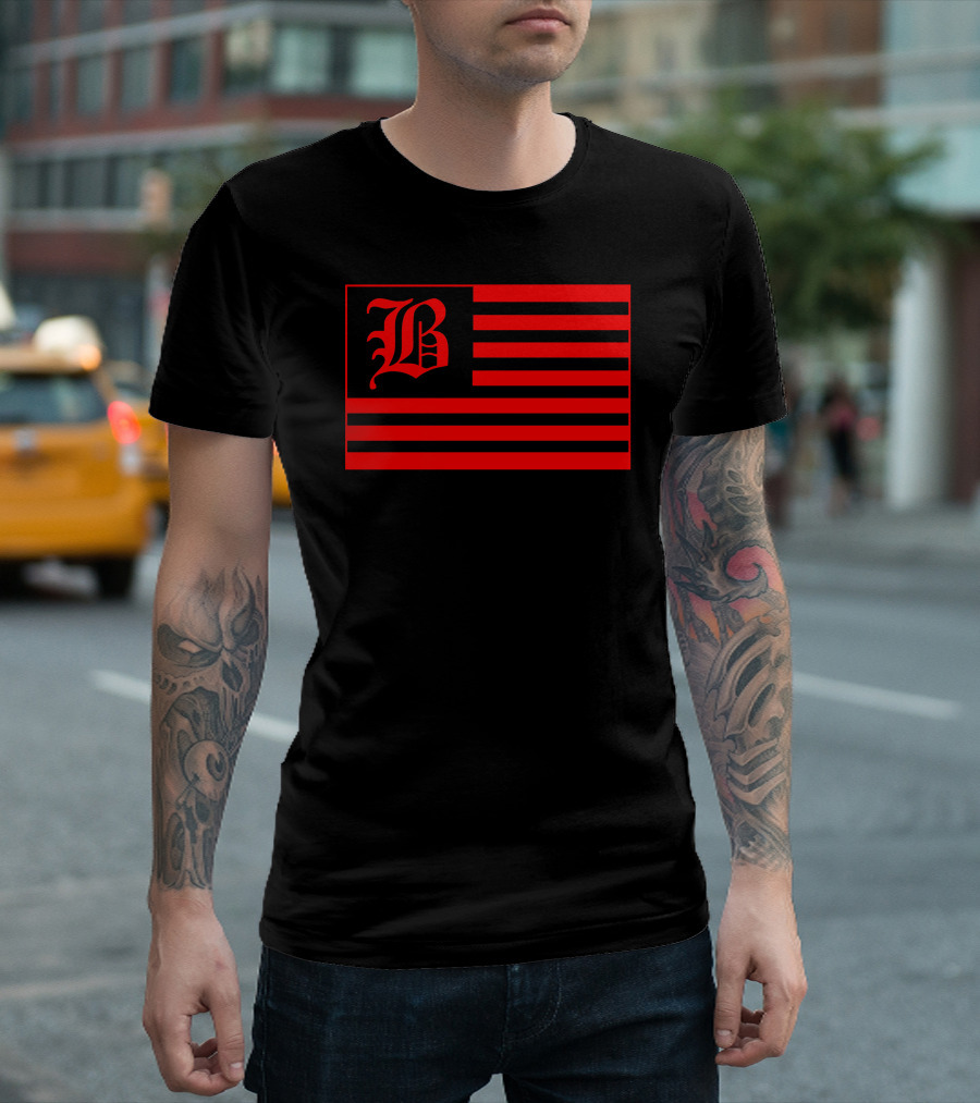B Red Flag Stripes Black T-Shirt