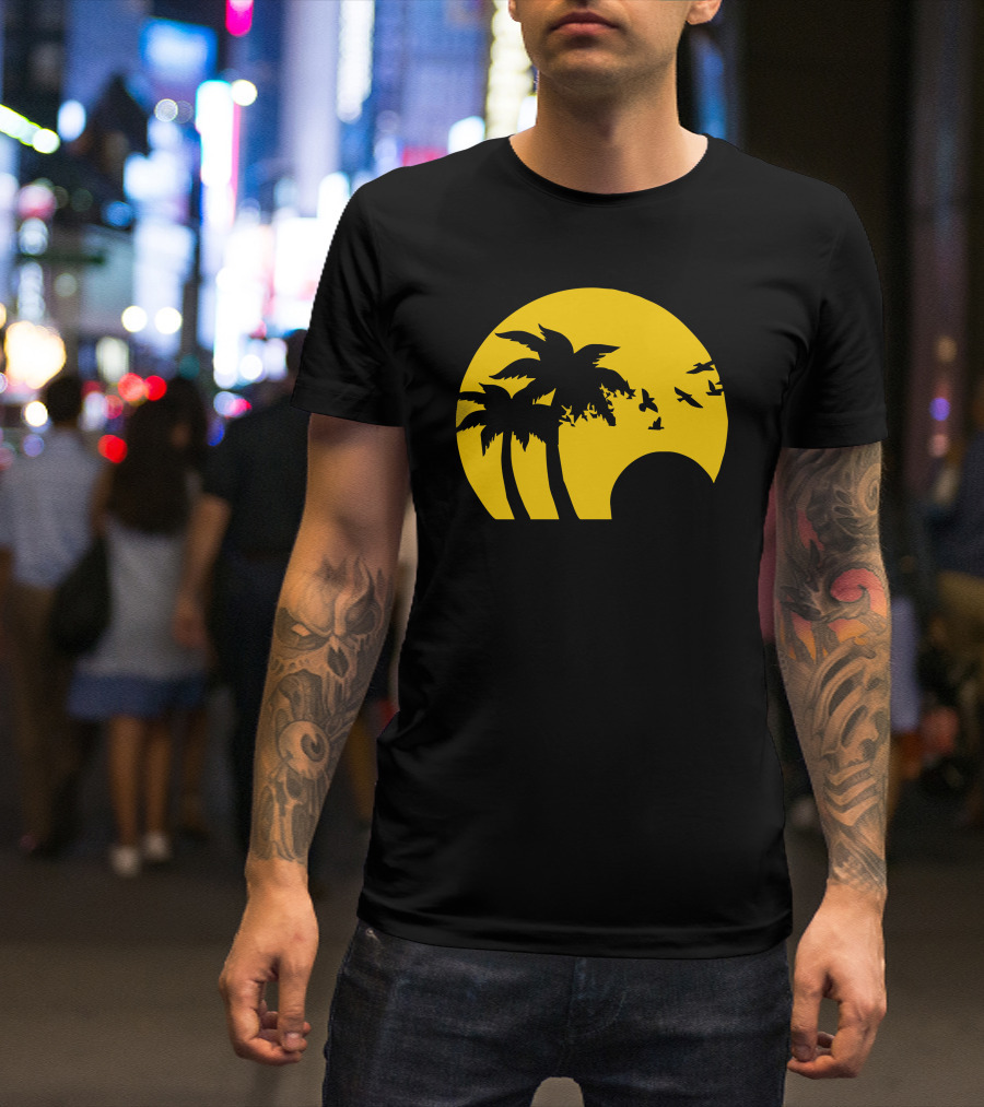 Beach Sunset Birds And Palm Trees T-Shirt