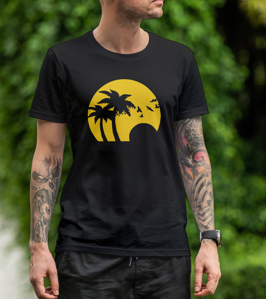 Beach Sunset Birds And Palm Trees T-Shirt